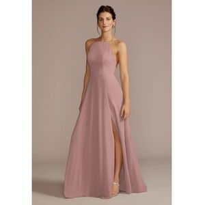 backless dusty rose maxi quartz bridesmaid dress